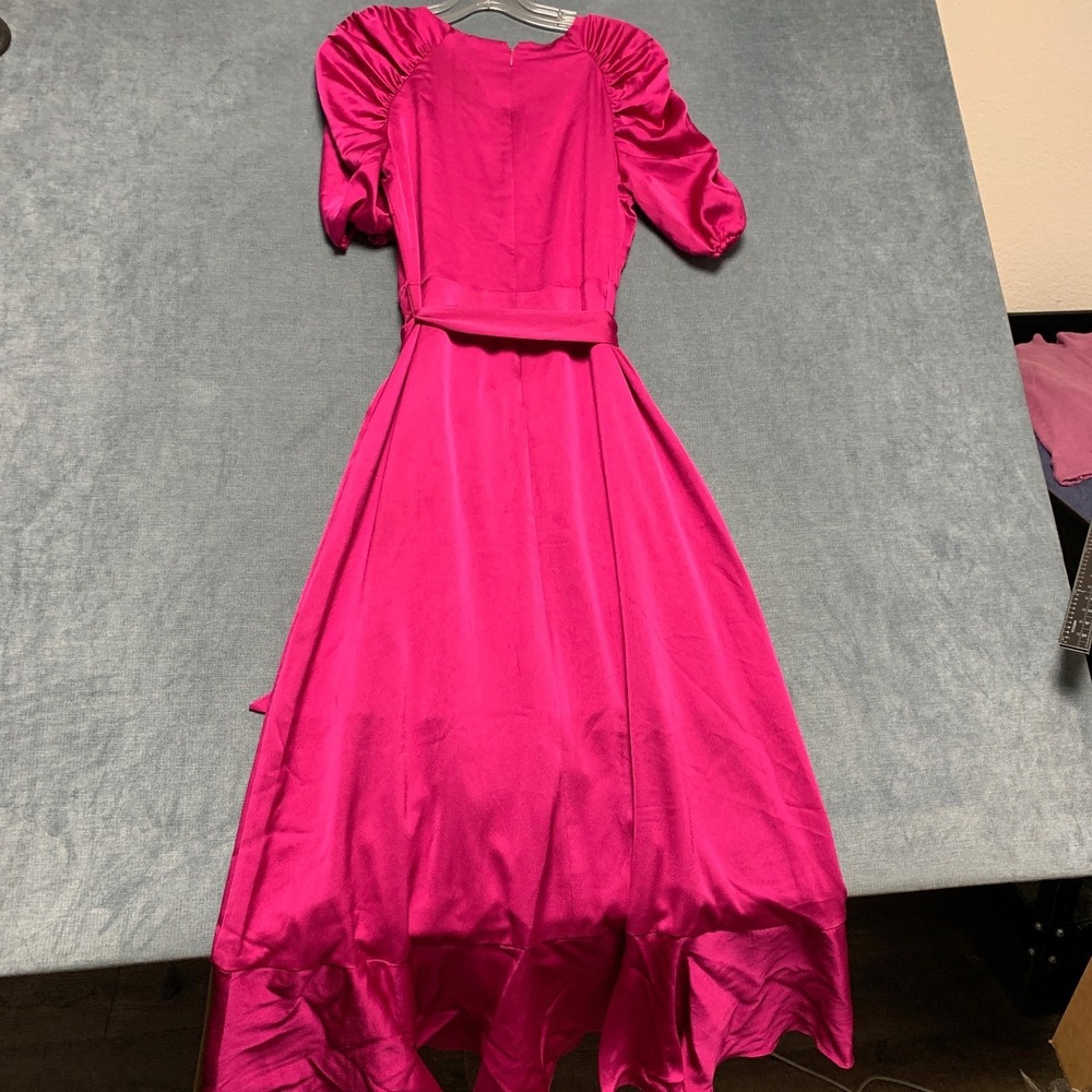 Kensie Faux Wrap Dress Womens 6 Hot Pink Ruched Sleeves Ruffled Hem Tie waist - Picture 10 of 14